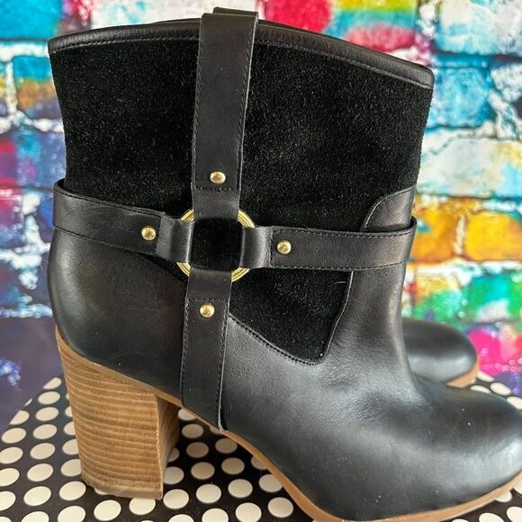 Lauren Ralph Lauren Dylan Black Leather Boots Chunky Block Stacked Heel 9 Medium - Picture 4 of 8